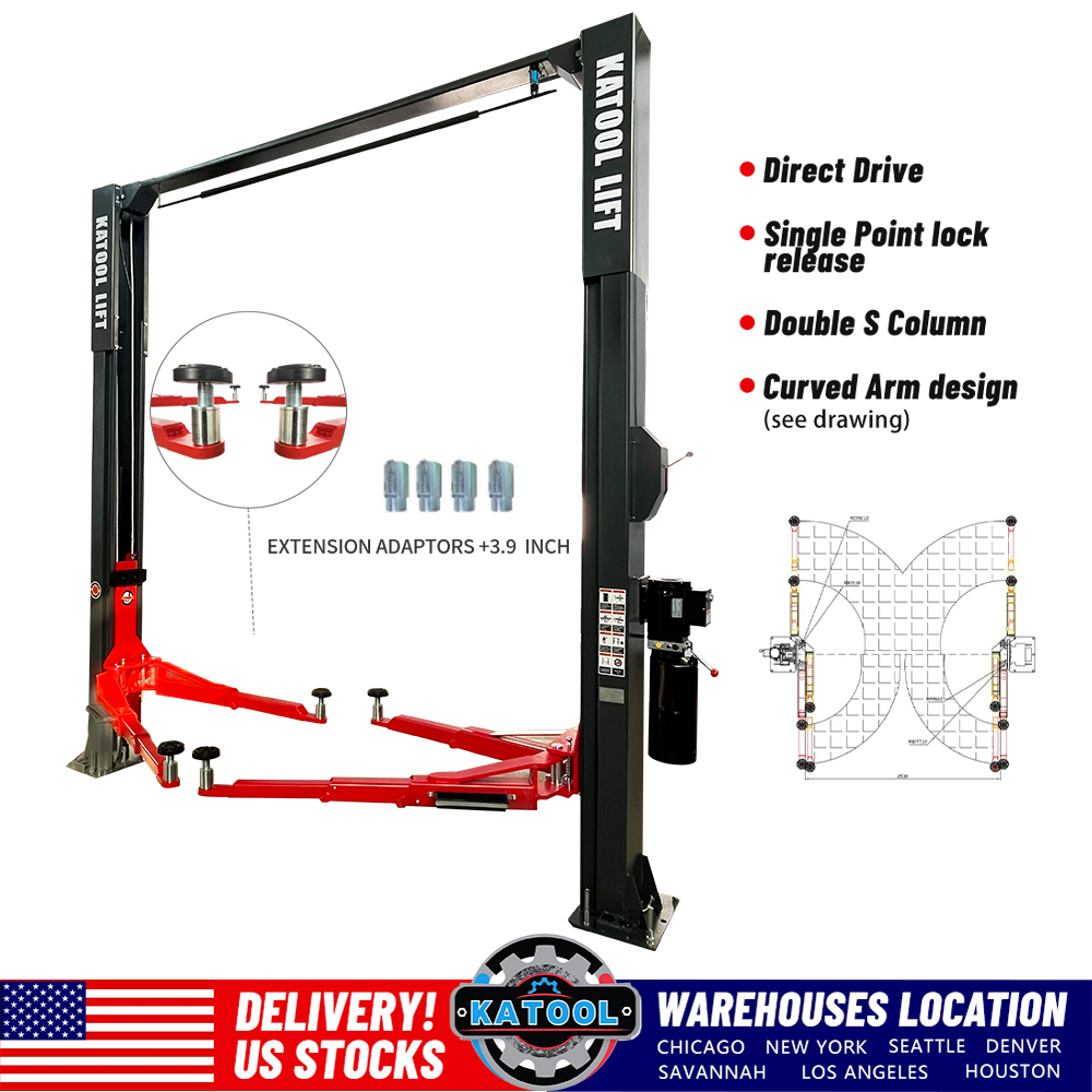 KATOOL KT-AS110D 11000 lbs. Clear Floor Two Post Lift - Direct Drive and Assymetric Arms