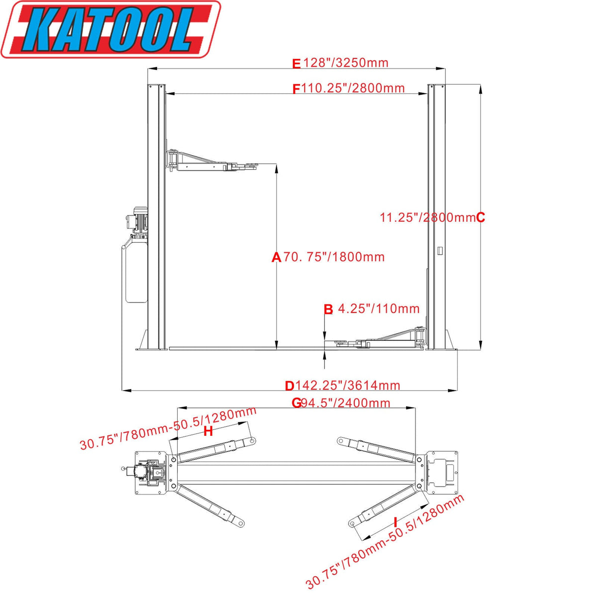 KATOOL KT-H100 10000 lbs. Floor Plate Two Post Lift