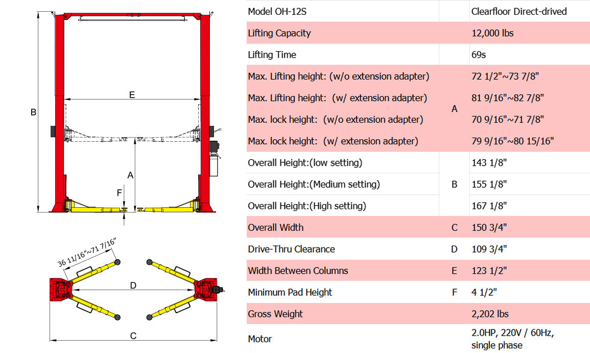 AMGO OH-12S Overhead 12,000lb Two Post Lift