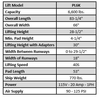Tuxedo PL6K 6,600lb Low Rise Pit Lift