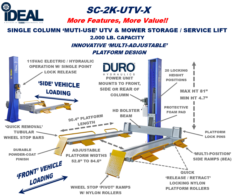 iDEAL SC-2K-UTV-X Single Column UTV / Lawnmower Lift